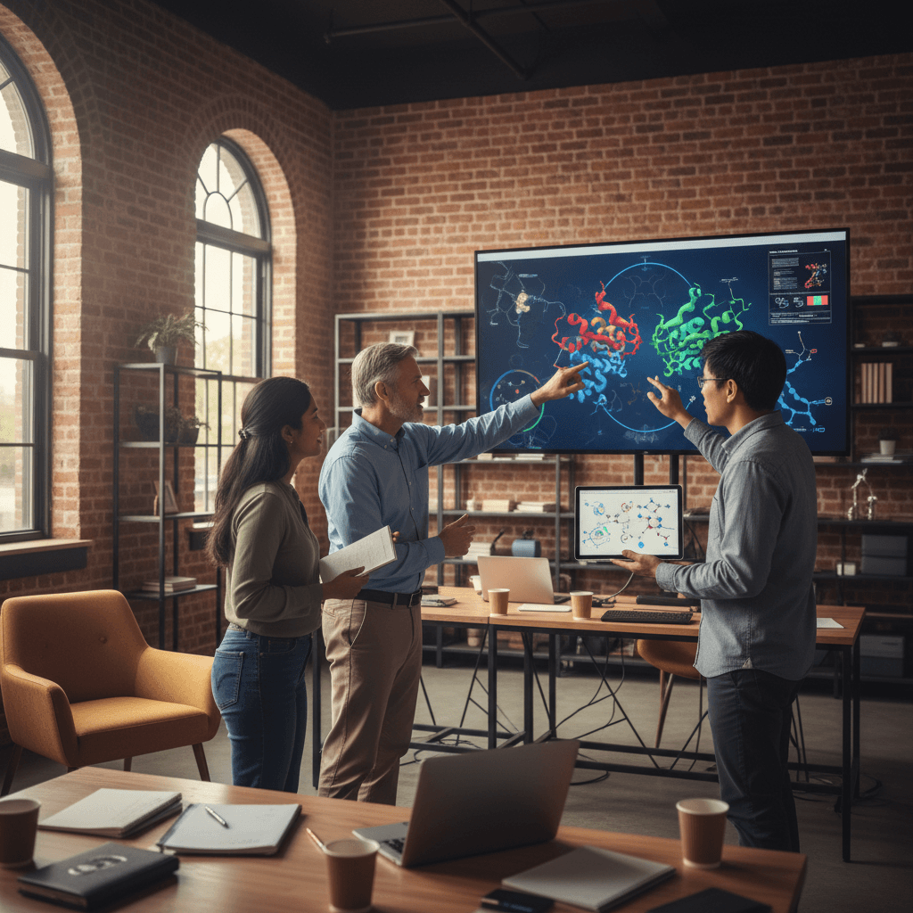 Researchers gathered around a monitor discussing a protein structure