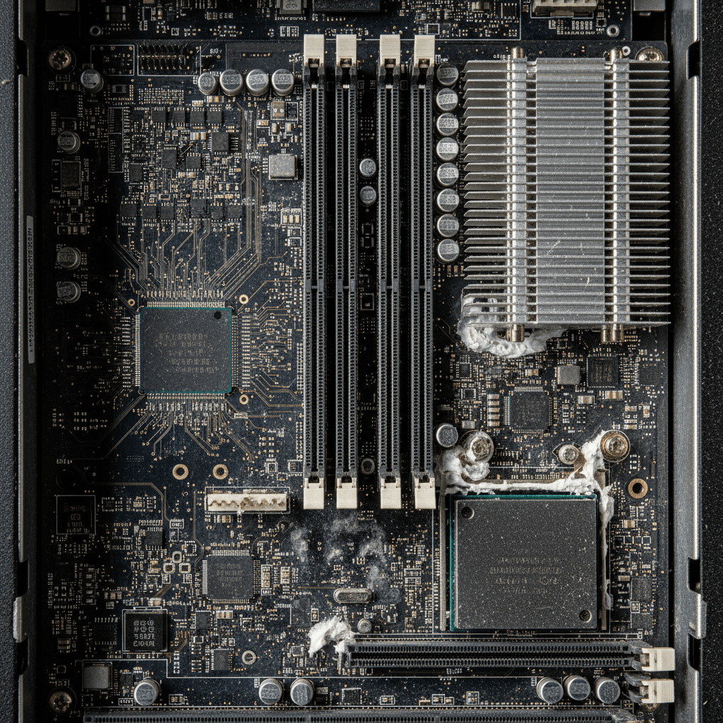 Extreme close-up of a computer motherboard inside a computing node