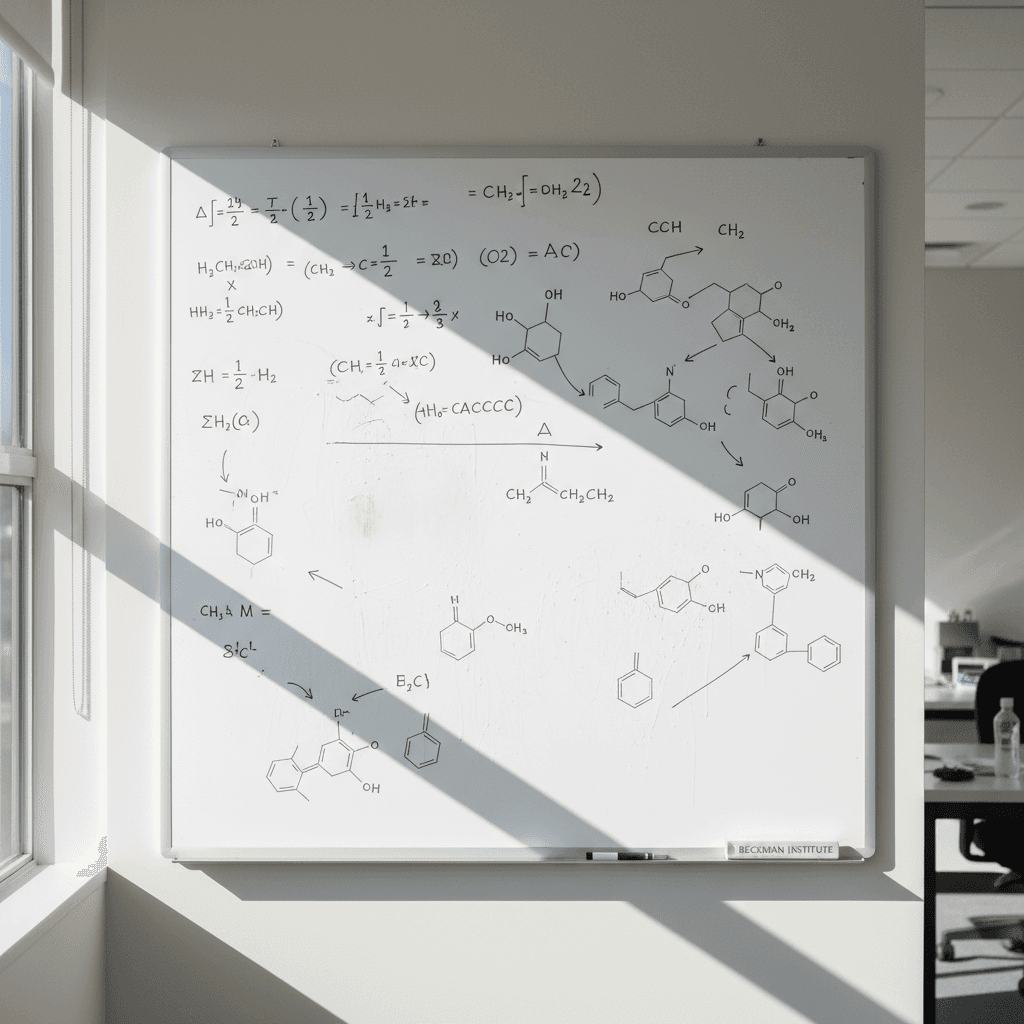 Whiteboard covered in equations and molecular structures