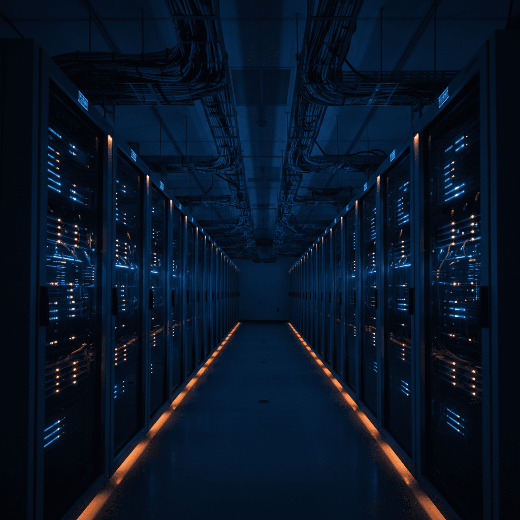Server room with glowing blue and amber lights