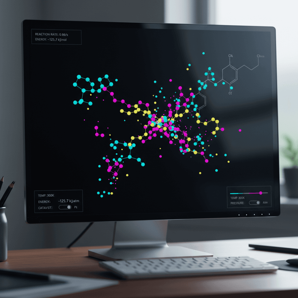 Close-up of VMD molecular graphics on a computer monitor