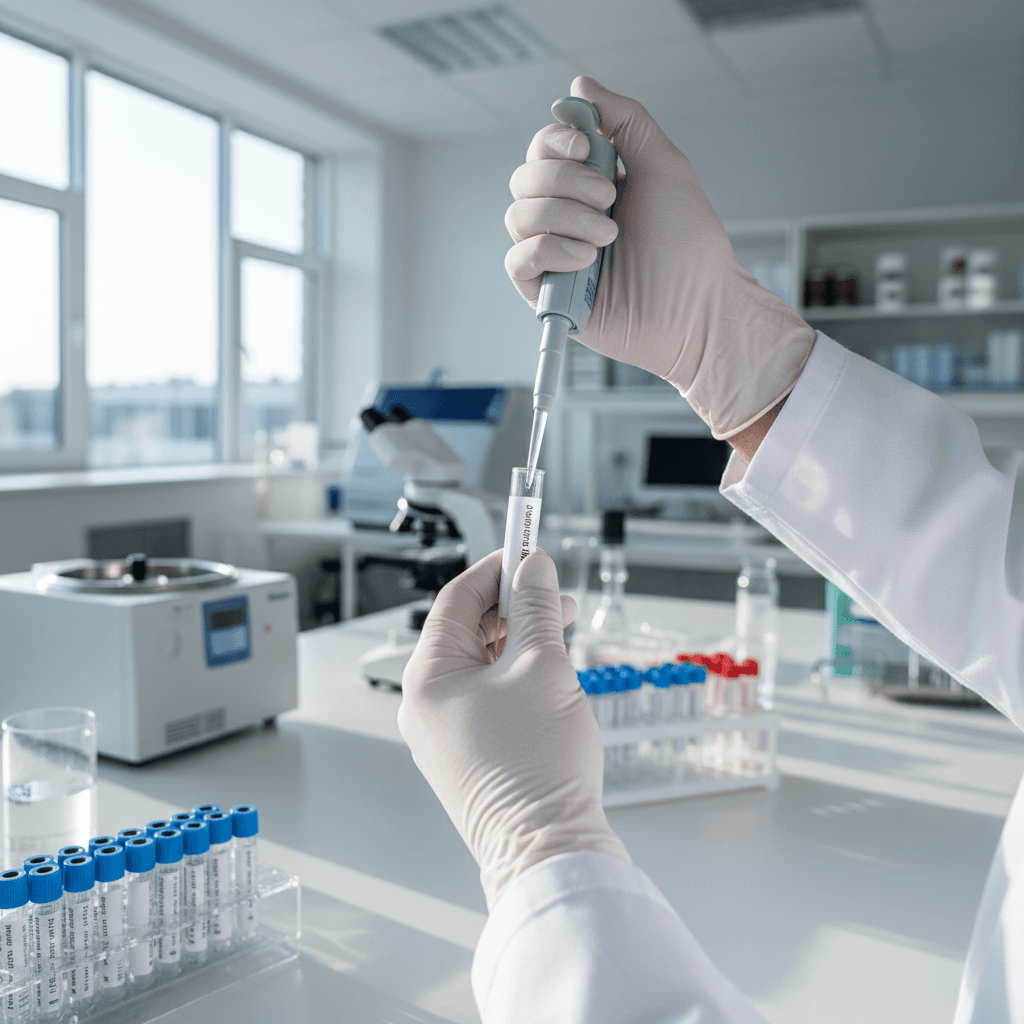Gloved researcher hands pipetting into a multiwell plate inside a laminar flow hood