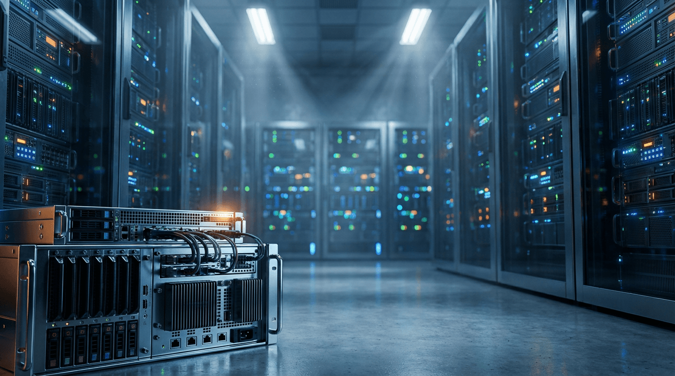 Wide shot of a high-performance computing cluster, rows of dark server nodes with blue status lights