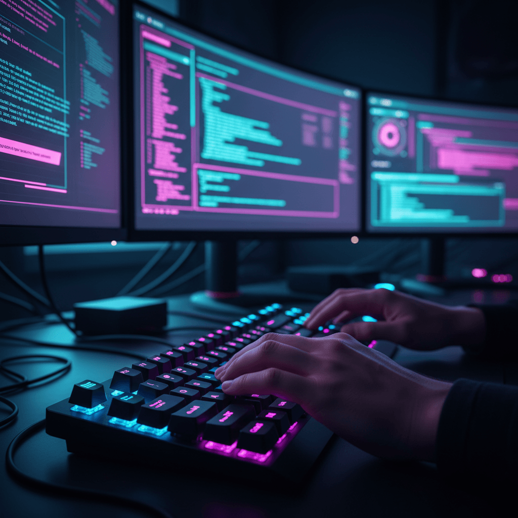 Researcher typing code on a keyboard, terminal screen visible with lines of code