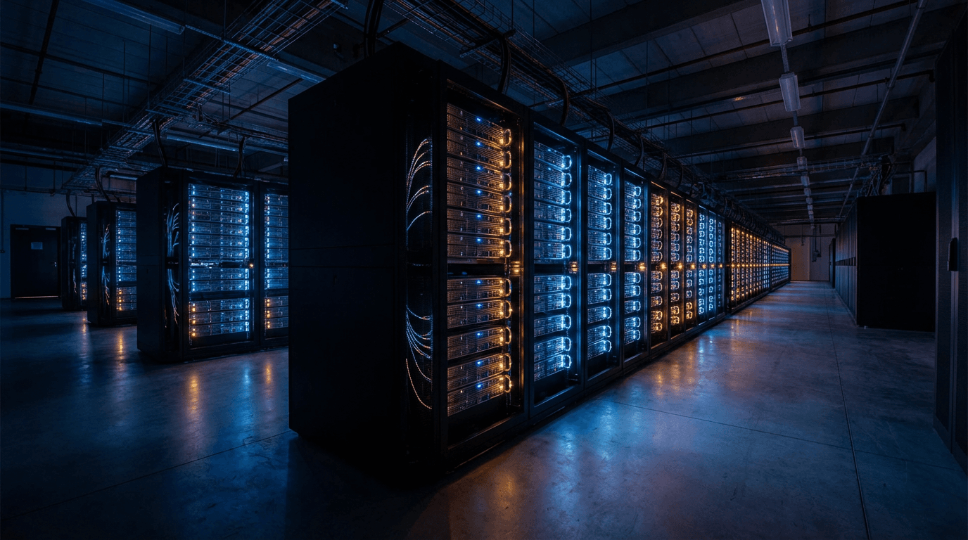 Server rack with blinking blue LEDs in a dark data center environment