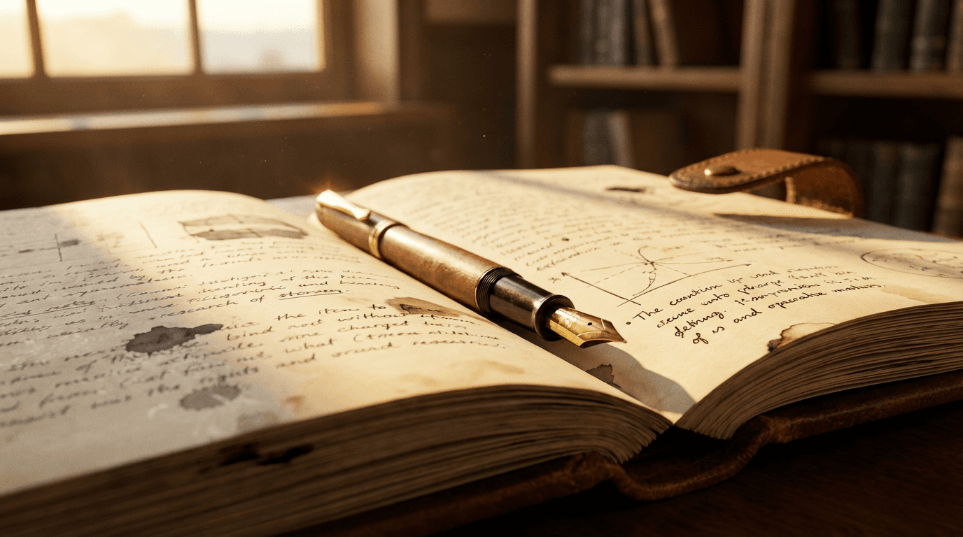 Open scientific journal on a lab bench with molecular diagrams