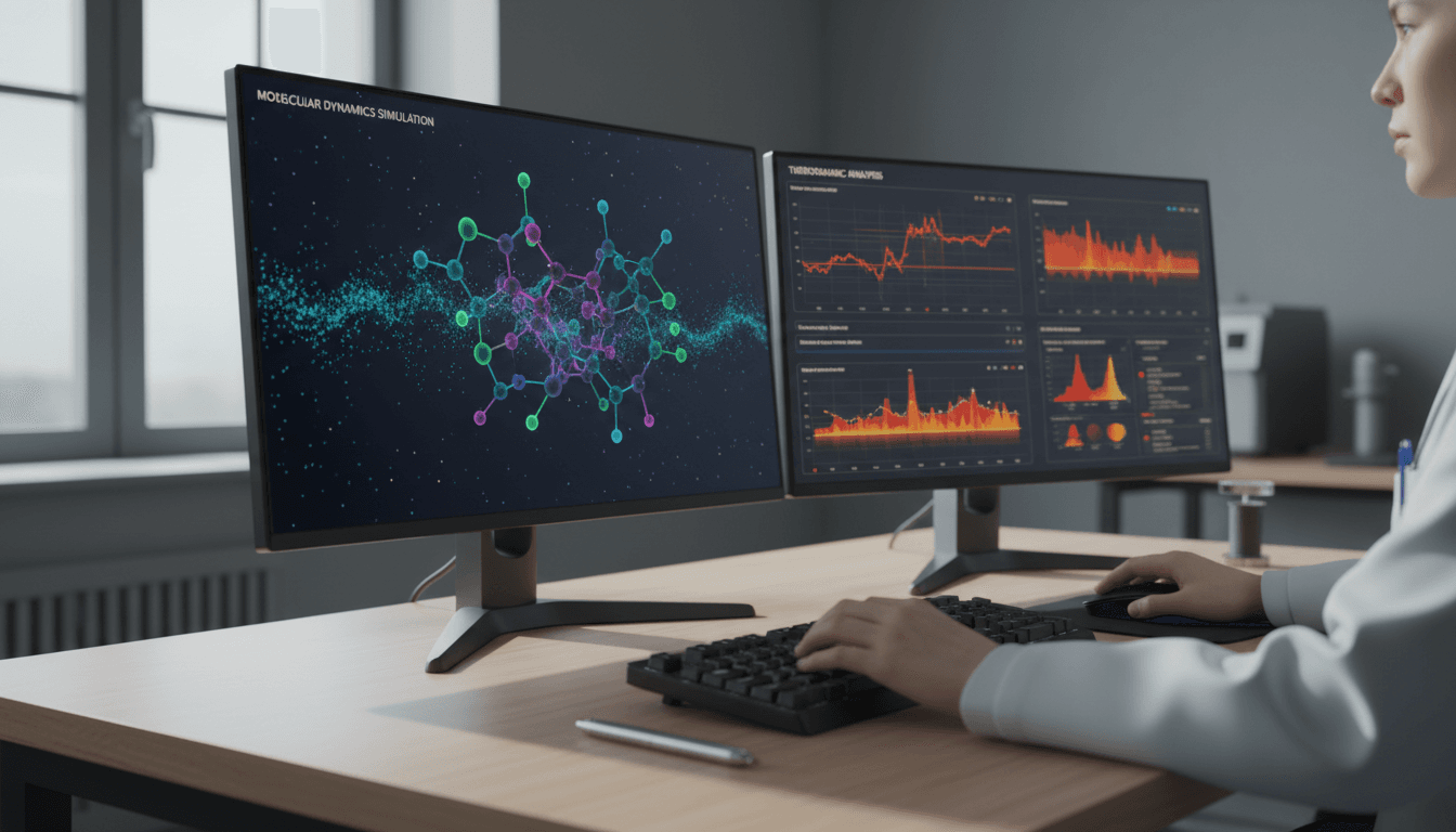 Researchers analyzing a molecular dynamics simulation on a monitor