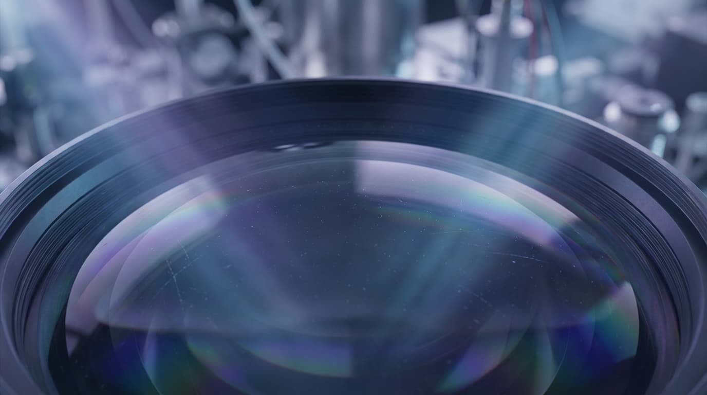 Close-up of a molecular structure model, translucent blue spheres and silver bonds, dramatic side lighting